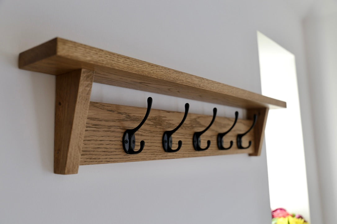 Solid Wood Oak Coat Hooks, Wall Coat Rack With Shelf Entryway